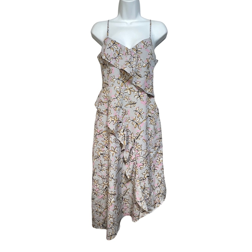 Banana Republic Floral Ruffle Midi Dress Grey 4P Asymmetrical Hem Sleeveless